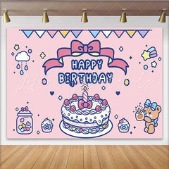 Lofaris Cute Pink Cartoon Birthday Backdrop with Cake and Teddy Bear Adorable Party Decoration Background for Girls Photoshoot