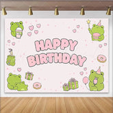 Lofaris Cute Pink Frog Cartoon Birthday Backdrop with Hearts Stars Donuts and Gift Boxes Party Decor for Girls Photoshoot