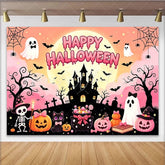 Lofaris Cute Pink Halloween Backdrop with Ghosts and Pumpkins Cartoon Haunted Castle Background for Kids Party Decor and Photoshoot.
