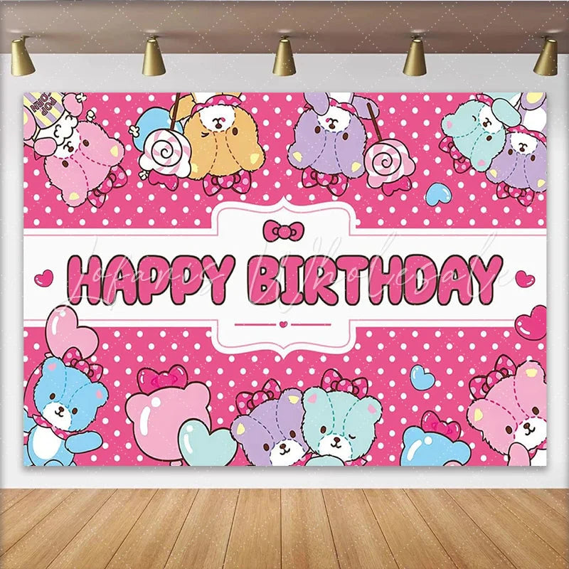 Lofaris Cute Pink Polka Dot Cartoon Animal Birthday Backdrop for Girls Happy Birthday Party Background with Sweet Lollipops for Photoshoot