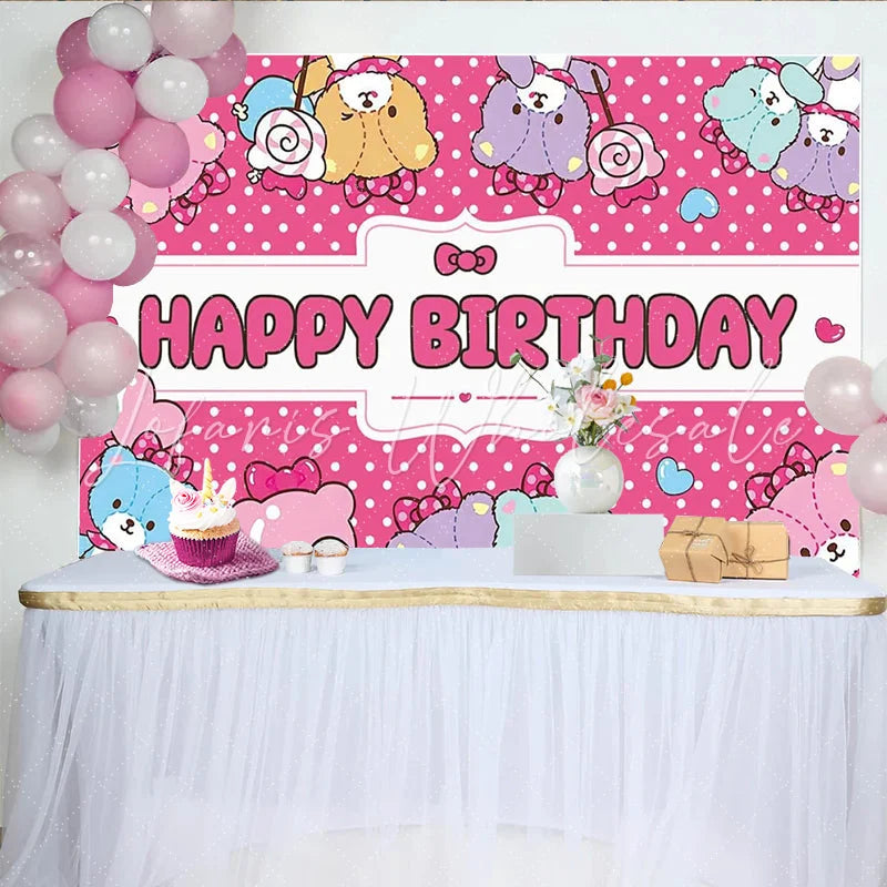Lofaris Cute Pink Polka Dot Cartoon Animal Birthday Backdrop for Girls Happy Birthday Party Background with Sweet Lollipops for Photoshoot