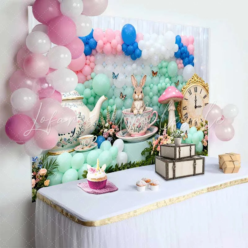 Lofaris Cute Rabbit in Teacup and Vintage Clock Easter Backdrop Pastel Balloon Tea Party Spring Background