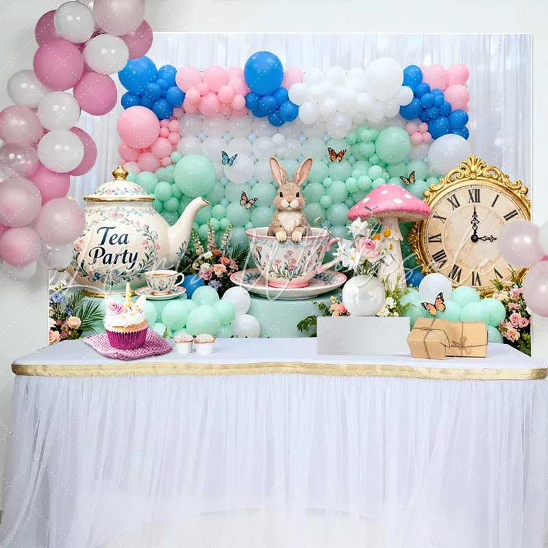 Lofaris Cute Rabbit in Teacup and Vintage Clock Easter Backdrop Pastel Balloon Tea Party Spring Background