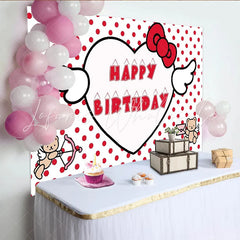 Lofaris Cute Red Polka Dot Birthday Backdrop with Heart and Bow Adorable Teddy Bear Photo Background for Girls Party