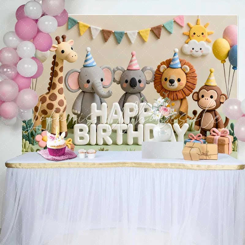 Lofaris Cute Safari Animals Happy Birthday Backdrop with Elephant Lion and Monkey for Kids Party Decor