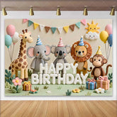 Lofaris Cute Safari Animals Happy Birthday Backdrop with Elephant Lion and Monkey for Kids Party Decor