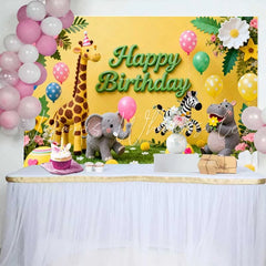 Lofaris Cute Safari Animals Happy Birthday Backdrop with Giraffe Elephant and Zebra Kids Party Decor