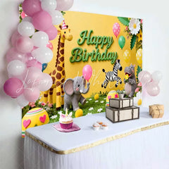 Lofaris Cute Safari Animals Happy Birthday Backdrop with Giraffe Elephant and Zebra Kids Party Decor