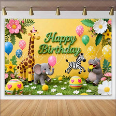 Lofaris Cute Safari Animals Happy Birthday Backdrop with Giraffe Elephant and Zebra Kids Party Decor