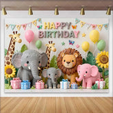 Lofaris Cute Safari Animals Happy Birthday Backdrop with Giraffe Elephant Lion Pastel Jungle Theme Party Decor