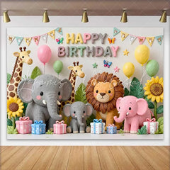 Lofaris Cute Safari Animals Happy Birthday Backdrop with Giraffe Elephant Lion Pastel Jungle Theme Party Decor
