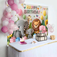 Lofaris Cute Safari Animals Happy Birthday Backdrop with Giraffe Elephant Lion Pastel Jungle Theme Party Decor