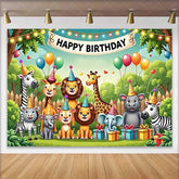 Lofaris Cute Safari Animals Happy Birthday Backdrop with Party Hats and Balloons for Kids Party