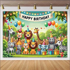 Lofaris Cute Safari Animals Happy Birthday Backdrop with Party Hats and Balloons for Kids Party
