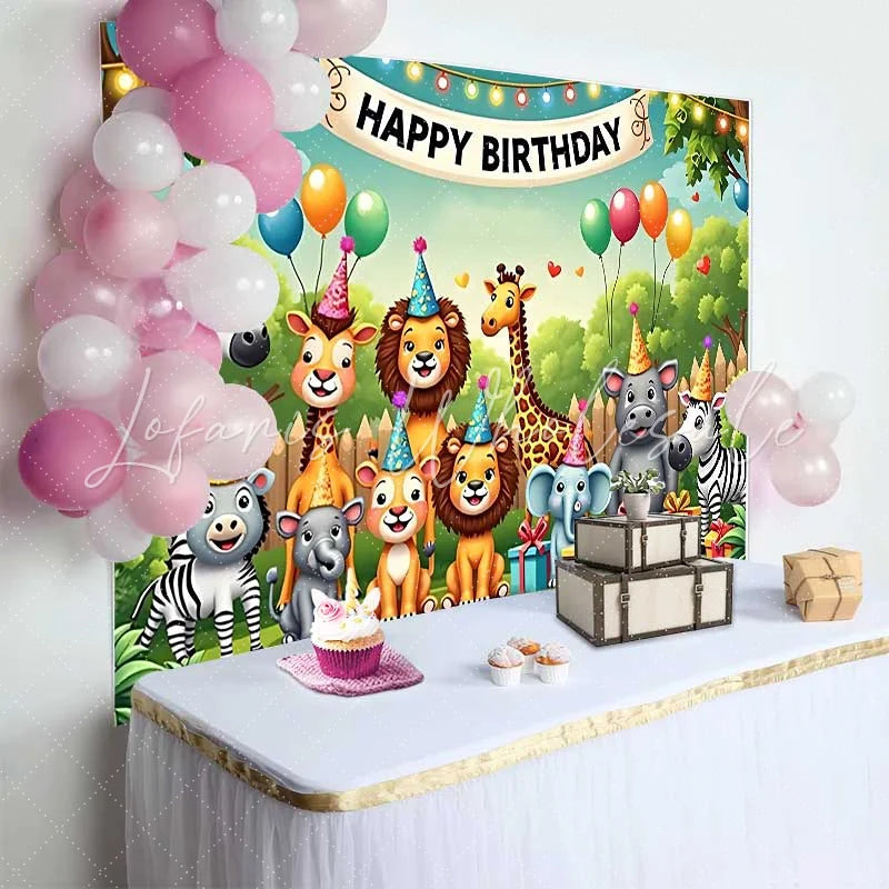 Lofaris Cute Safari Animals Happy Birthday Backdrop with Party Hats and Balloons for Kids Party