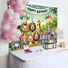 Lofaris Cute Safari Animals Happy Birthday Backdrop with Party Hats and Balloons for Kids Party