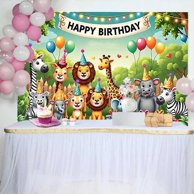 Lofaris Cute Safari Animals Happy Birthday Backdrop with Party Hats and Balloons for Kids Party