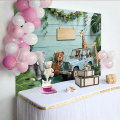 Lofaris Cute Safari Baby Shower Backdrop with Plush Animals and Blue Jeep Jungle Theme Photography Background for Newborn Party
