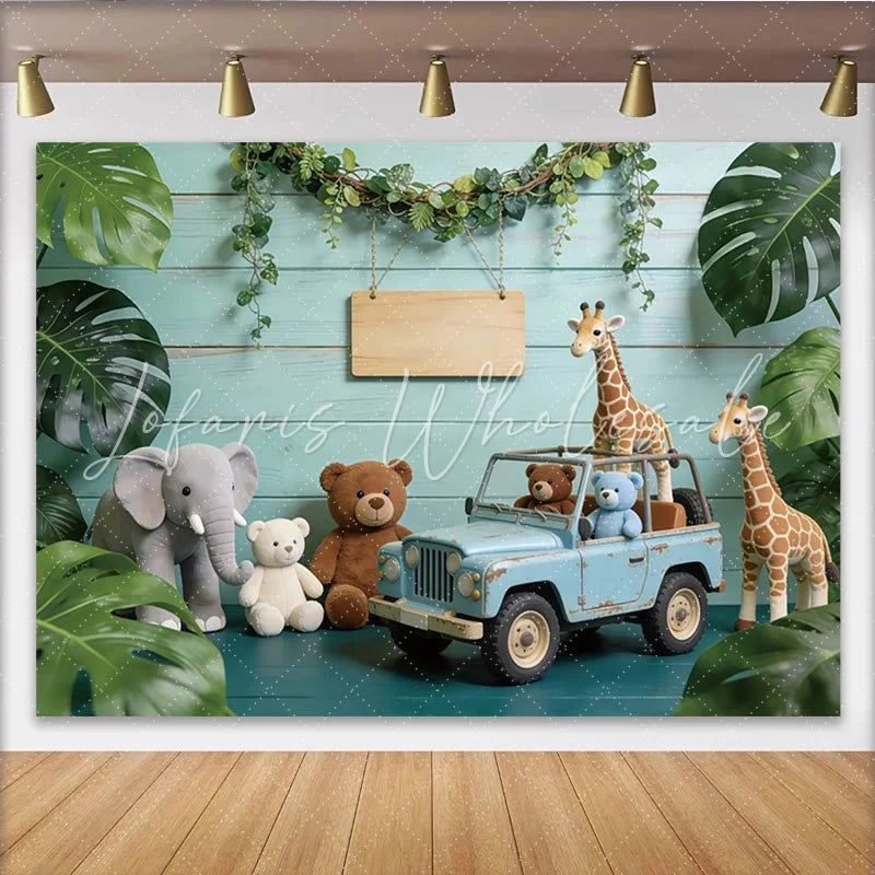 Lofaris Cute Safari Baby Shower Backdrop with Plush Animals and Blue Jeep Jungle Theme Photography Background for Newborn Party