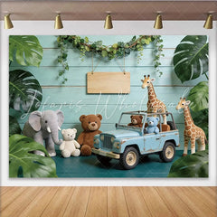Lofaris Cute Safari Baby Shower Backdrop with Plush Animals and Blue Jeep Jungle Theme Photography Background for Newborn Party
