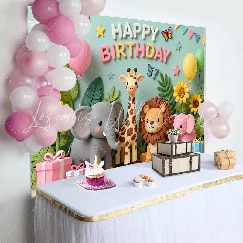 Lofaris Cute Safari Jungle Animals Birthday Backdrop Happy Birthday Party Decor with Balloons and Gifts