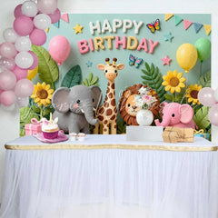 Lofaris Cute Safari Jungle Animals Birthday Backdrop Happy Birthday Party Decor with Balloons and Gifts
