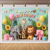 Lofaris Cute Safari Jungle Animals Birthday Backdrop Happy Birthday Party Decor with Balloons and Gifts