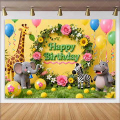 Lofaris Cute Safari Jungle Animals Birthday Backdrop with Floral Wreath Happy Birthday Party Decor for Kids