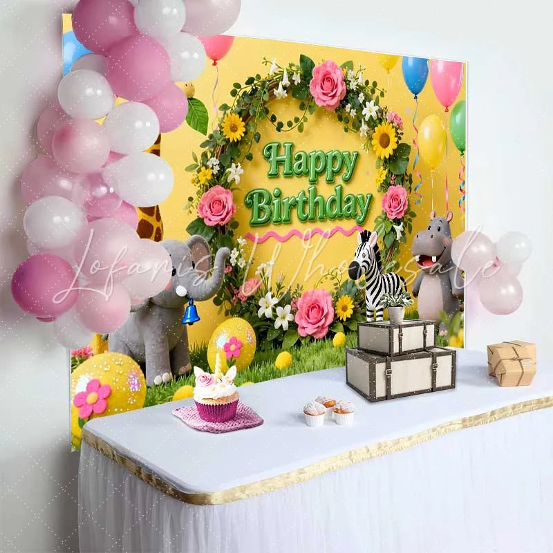 Lofaris Cute Safari Jungle Animals Birthday Backdrop with Floral Wreath Happy Birthday Party Decor for Kids