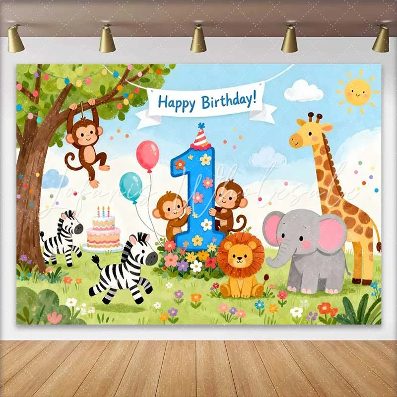 Lofaris Cute Safari Jungle Animals First Birthday Backdrop Happy Birthday Banner and Number One Party Decor