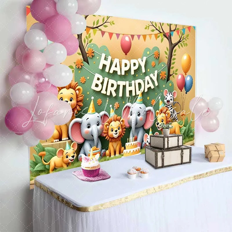 Lofaris Cute Safari Jungle Animals Happy Birthday Backdrop Colorful Wild One Party Decor for Kids