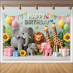 Lofaris Cute Safari Jungle Animals Happy Birthday Backdrop with Elephant Lion Giraffes Sunflowers and Gifts