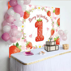 Lofaris Cute Strawberry 1st Birthday Backdrop with Daisies and Hearts Sweet Photo Background for Baby Girl Party Decoration