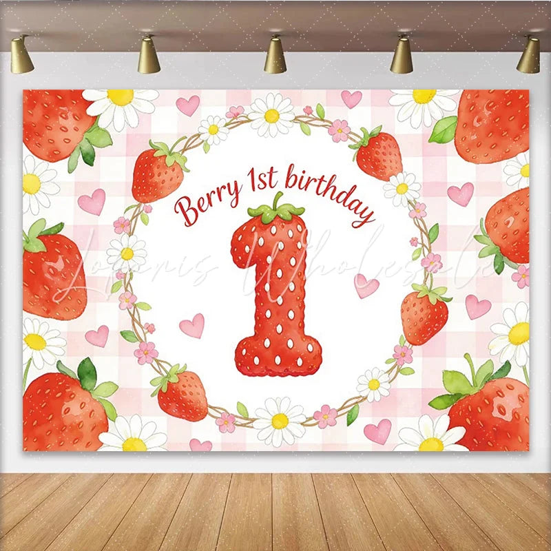 Lofaris Cute Strawberry 1st Birthday Backdrop with Daisies and Hearts Sweet Photo Background for Baby Girl Party Decoration