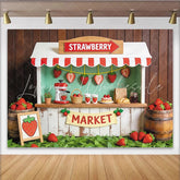 Lofaris Cute Strawberry Market Photography Backdrop with Wooden Stall and Fresh Fruit Rustic Farm Stand Background for Kids Photoshoot