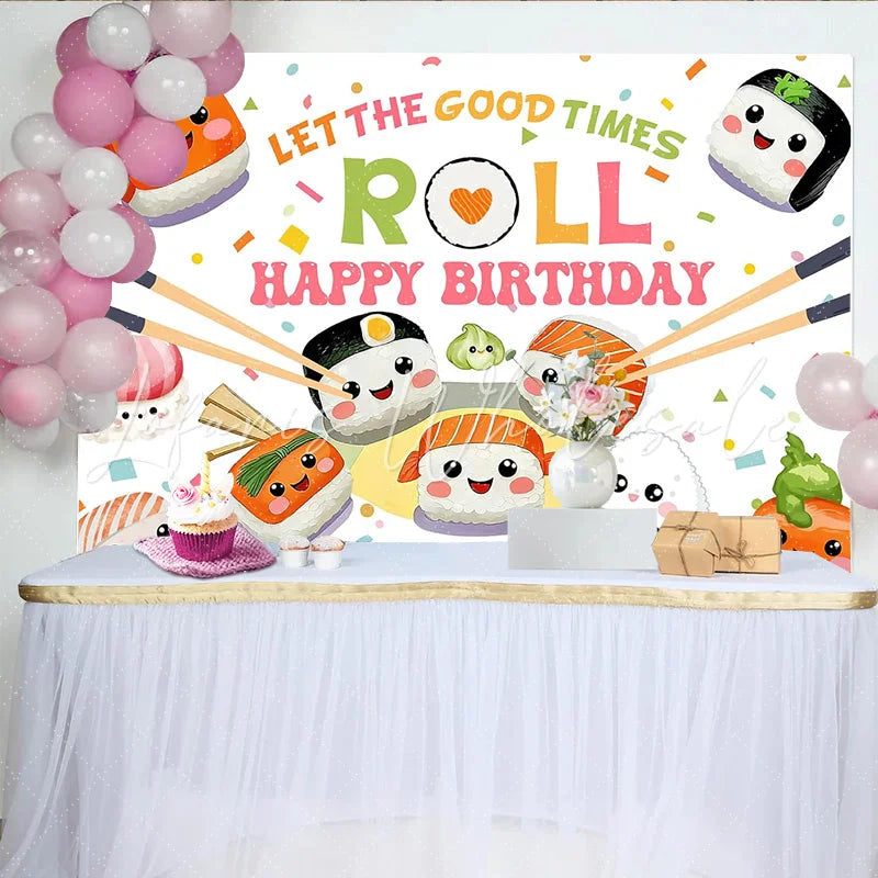 Lofaris Cute Sushi Happy Birthday Backdrop with Chopsticks and Confetti Let the Good Times Roll Party Background for Celebration