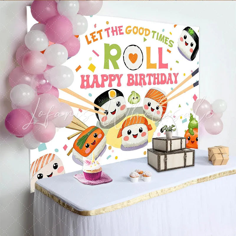 Lofaris Cute Sushi Happy Birthday Backdrop with Chopsticks and Confetti Let the Good Times Roll Party Background for Celebration