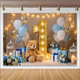 Lofaris Cute Teddy Bear and Gold Number One First Birthday Party Backdrop Blue and White Balloons Photo Booth Decor