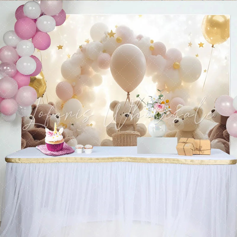 Lofaris Cute Teddy Bear Baby Shower Backdrop with Cloud Balloons and Golden Stars Dreamy Photography Background for Newborn Party