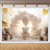 Lofaris Cute Teddy Bear Baby Shower Backdrop with Cloud Balloons and Golden Stars Dreamy Photography Background for Newborn Party