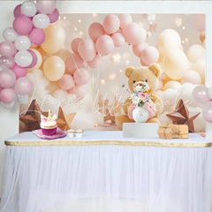 Lofaris Cute Teddy Bear Baby Shower Backdrop with Pink and Cream Balloons Dreamy Cloud Star Photography Background for Newborn Party