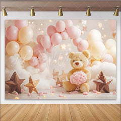 Lofaris Cute Teddy Bear Baby Shower Backdrop with Pink and Cream Balloons Dreamy Cloud Star Photography Background for Newborn Party