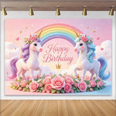 Lofaris Cute Unicorn Birthday Backdrop Pastel Rainbow and Floral Design Whimsical Fairytale Background for Kids Party Decor