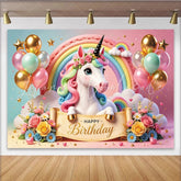 Lofaris Cute Unicorn Rainbow Birthday Backdrop with Pastel Balloons and Flowers Magical Happy Birthday Party Background for Girls Photo