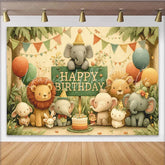 Lofaris Cute Watercolor Jungle Animals Birthday Backdrop Happy Birthday Sign with Elephants Lions and Cake