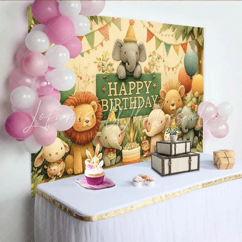 Lofaris Cute Watercolor Jungle Animals Birthday Backdrop Happy Birthday Sign with Elephants Lions and Cake