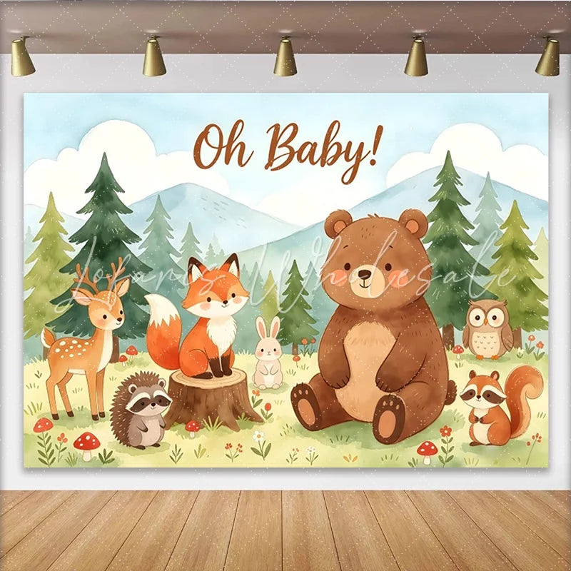 Lofaris Cute Watercolor Woodland Animals Oh Baby Shower Backdrop Forest Mountain Scenery Photography Background for Party