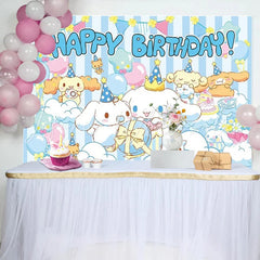 Lofaris Cute White Puppy Birthday Backdrop Blue Striped Clouds Happy Birthday Background for Boy Anime Dog Party Decoration