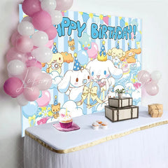 Lofaris Cute White Puppy Birthday Backdrop Blue Striped Clouds Happy Birthday Background for Boy Anime Dog Party Decoration