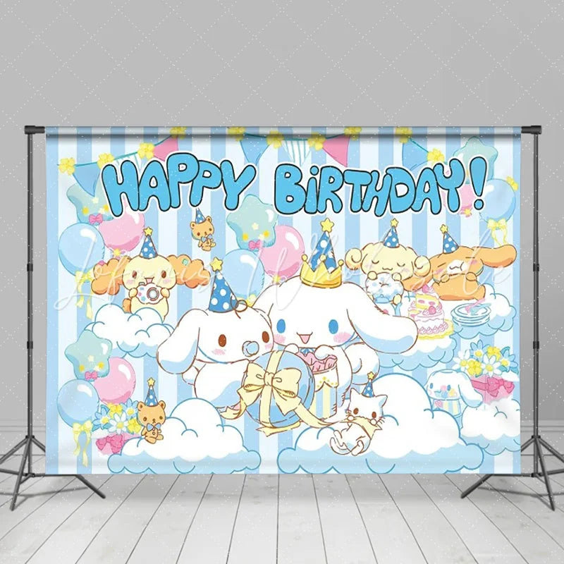 Lofaris Cute White Puppy Birthday Backdrop Blue Striped Clouds Happy Birthday Background for Boy Anime Dog Party Decoration